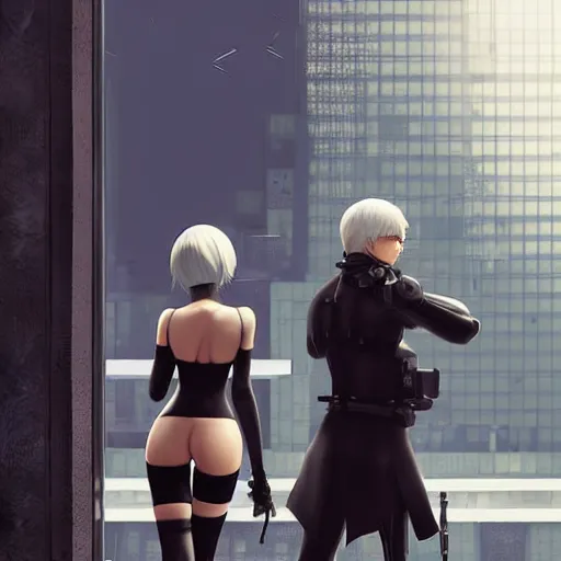 Image similar to realistic render 2 b and 9 s from nier automata by ross draws, futuristic dystopian city by ilya kuvshinov, digital anime art by ross tran, extreme intricate details, composition by sana takeda, lighting by greg rutkowski