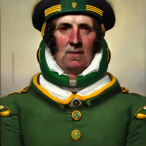 Prompt: facial portrait of green bay packers dictator, military uniform, 1 8 3 4, oil on canvas by william sidney mount, oil on canvas, octane render
