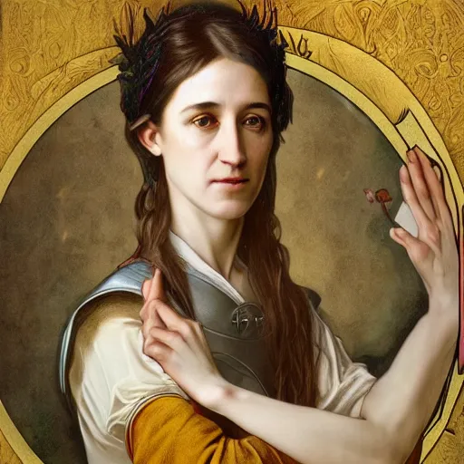 Image similar to portrait of charlotte gainsbourg as joan of arc, hyperreal digital painting, iconography influenced by alphonse mucha and eugene delacroix, arstation and deviantart trends, high resolution 8 k