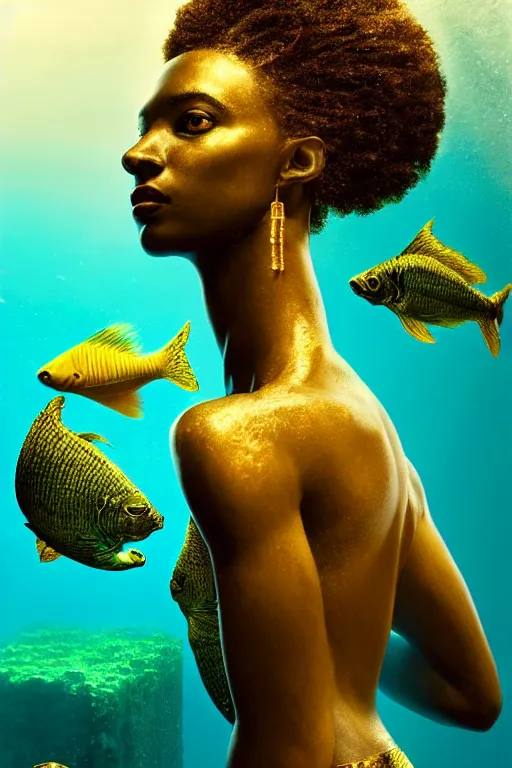 Image similar to hyperrealistic precisionist cinematic underwater scene with fish and algae, very expressive! translucent elegant african goddess, full body, gold jewerly, highly detailed face, digital art masterpiece, aykut aydogdu zener, dramatic volumetric light, long shot, low angle uhd 8 k, sharp focus