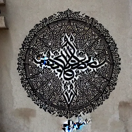 Image similar to arabic calligraphy, transylvanian folk art, in the style of graffiti, made by banksy