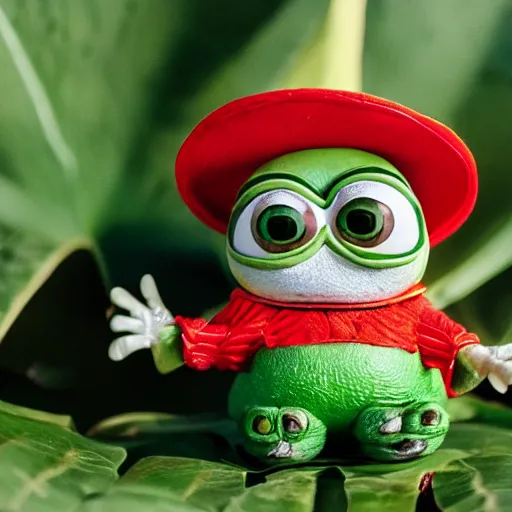 Image similar to baby pepe the frog wearing a tiny sombrero, holding maracas, large eyes, sitting on a log, pixar, disney, dynamic lighting, bokeh