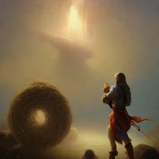 Image similar to ezio standing on a house falling into the hay bale made by ivan aivazovsky, peter mohrbacher, greg rutkowski volumetric light effect broad light oil painting painting fantasy art style sci - fi art style realism premium prints available artwork unreal engine