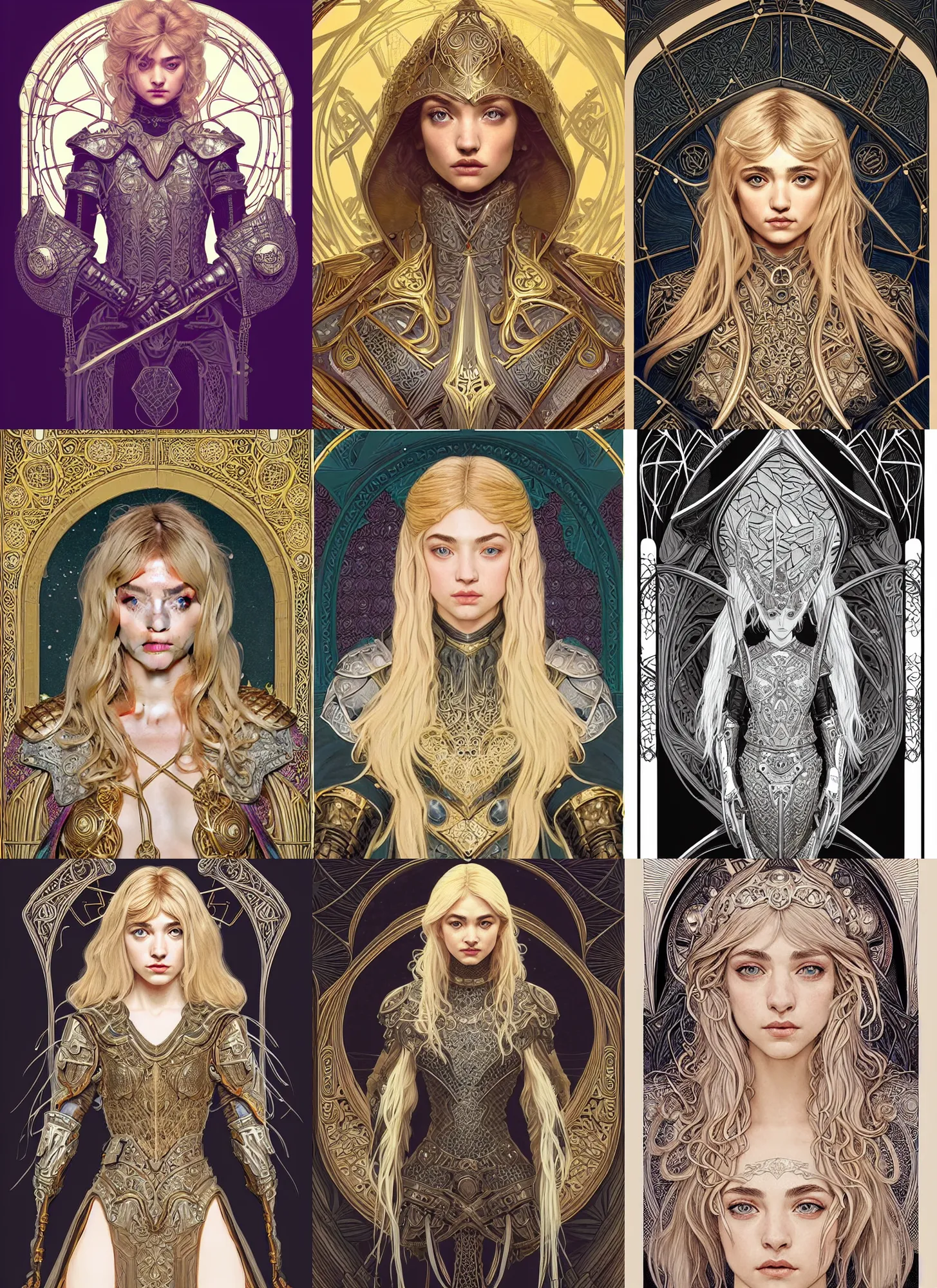 Prompt: symmetrical centered portrait, Imogen Poots as a D&D paladin, blonde hair, intricate metal armour, Art Nouveau, beautiful retro Fantasy heroine 1985, intricate, elegant, highly detailed, centered, digital painting, trending on artstation, concept art, smooth, sharp focus, illustration, art by raphael lacoste, eddie mendoza, Mucha, alex ross, WLOP