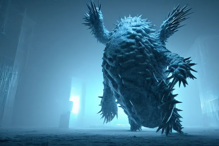 Image similar to huge bulky ice creature made out of a humanoid nervous system with large meaty spikes all over the body, cinematic, volumetric lighting, f 8 aperture, cinematic eastman 5 3 8 4 film, photorealistic