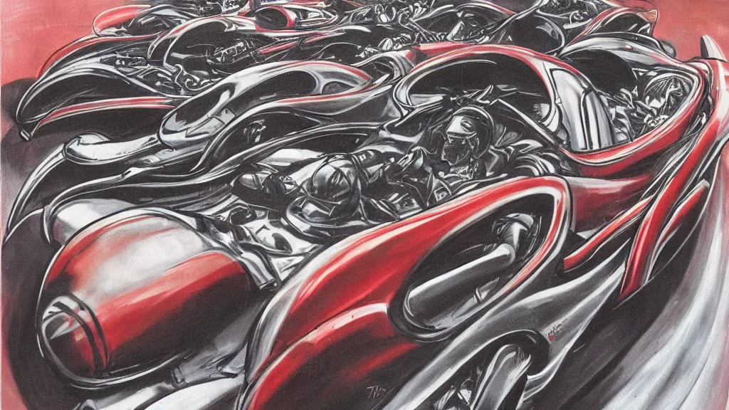 Prompt: 1960\'s race cars, art by Giger, style of red line anime movie, centered