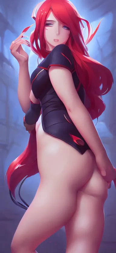 Prompt: an anime art of beautiful curvy girl with white girl and watery red eyes, anatomically correct, symmetrical facial features, symmetrical proportions, highly detailed, digital painting, artstation, concept art, oc commission, illustration, league of legends, style by jordan grimmer and greg rutkowski
