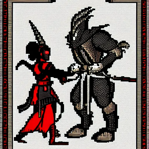 Prompt: a pixel art of a knight versus a dragon, eastern mythology