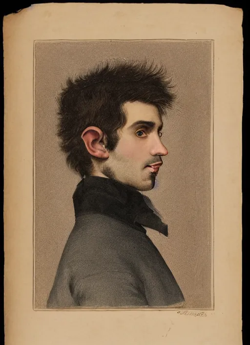 Image similar to portrait of handsome young elf with brown eyes brown hair and a short neat beard by charles angrand, only one head single portrait, pointy ears, wearing a black leather collared jacket