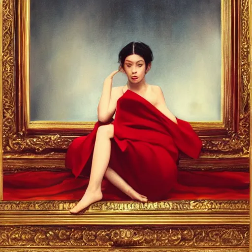 Image similar to Kiko Mizuhara full body laying in a blood red pool of water between a golden mirror frame, outside is space and inside the mirror frame is a beautiful landscape., physically accurate, dynamic lighting, intricate, elegant, highly detailed, very very Roberto Ferri, sharp focus, illustration, art