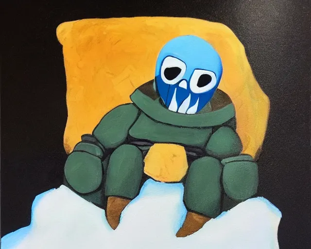 Image similar to oil painting of sans sitting in a mountain during winter