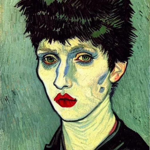 Prompt: an hd goth emo punk portrait painted by vincent van gogh. her hair is dark brown and cut into a short, messy pixie cut. she has a slightly rounded face, with a pointed chin, large entirely - black eyes, and a small nose. she is wearing a black tank top, a black leather jacket, a black knee - length skirt, and a black choker.