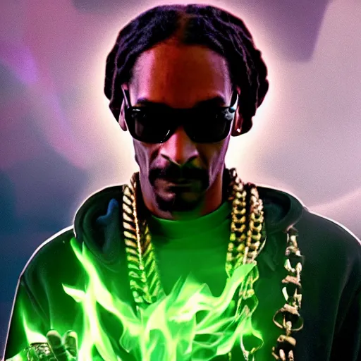 Prompt: cinematic film still of Snoop Dogg starring as a futuristic Marvel Super Hero holding green fire, 2022