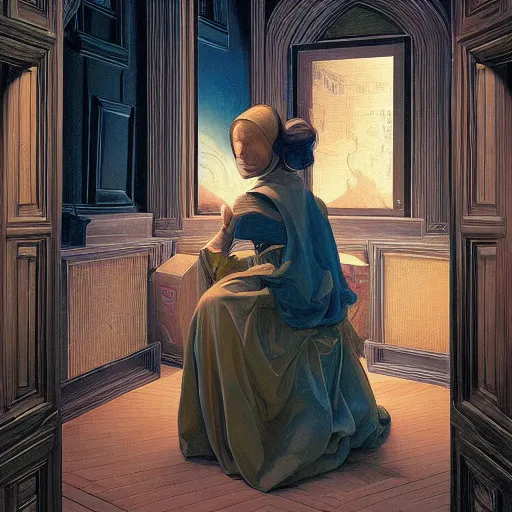 Prompt: beautiful painting of science, spatial space deformation in latent space, math art, by artgerm and dan mumford and vermeer and gustave dore