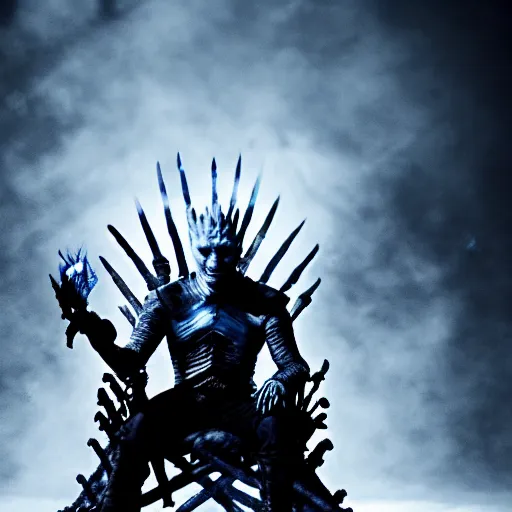 Prompt: the night king sitting on the iron throne, game of thrones, dragon breathing blue fire in background, perspective, moody ,dark, blue lights,artistic