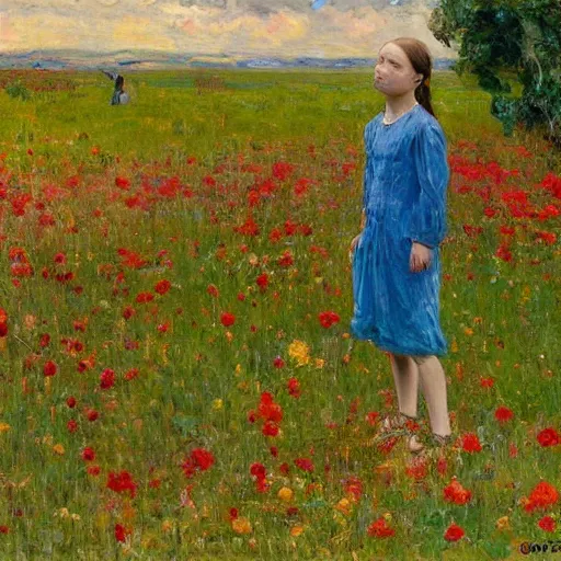 Image similar to Devastated Greta Thunberg crying onto the last plant on earth, impressionism, bright vivid colors, by Greg Rutkowksi and Ilya Repin