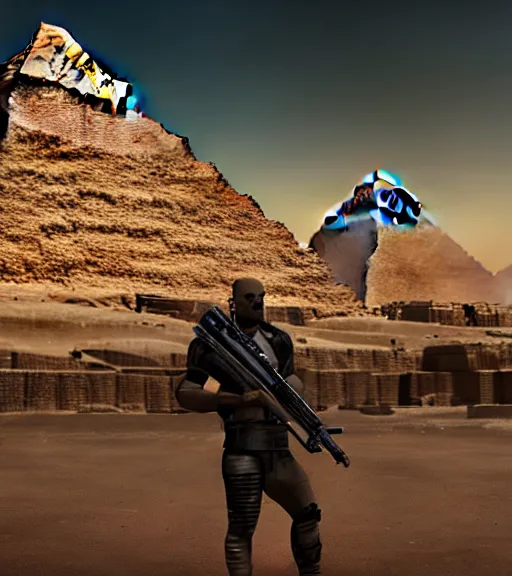 Image similar to a beefy man with a machine gun, egyptian pyramid in the background, 4 k, sharp focus, illustration, highly detailed, cyberpunk