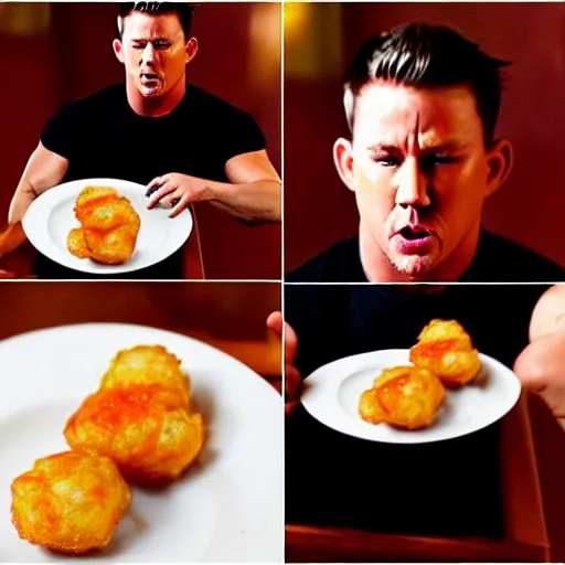 Image similar to channing tatum's face as tater tot on a plate with ketchup