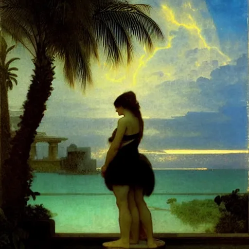 Image similar to Silhouette of two girls at the palace, thunderstorm, greek pool, beach and palm trees on the background major arcana sky, by paul delaroche, alphonse mucha and arnold böcklin arnold böcklin hyperrealistic 8k, very detailed