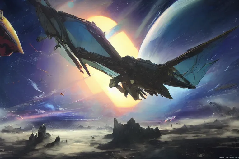 Image similar to a pterodactyl mecha, pteranadon styling fighter-jet sized, smooth, john berkey white plastic panels, robotech styling Raymond Swanland and Jessica Rossier nebula like clouds in space background near a ringed gas giant, distant explosions cinematic lighting, hyper detailed hyper detailed, 8k, ultra realistic, cinematic lighting, ultra wide 35mm lens, Boeing Concept Art