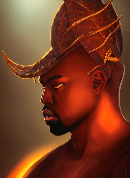 Image similar to a portrait of a kanye west as a male tiefling warrior, d & d, fantasy, intricate, tone mapped, ambient lighting, highly detailed, digital painting, artstation, concept art, 4 k, god rays, stunning beautiful, glowing eyes, sharp focus, by makoto shinkai and akihiko yoshida and hidari and wlop