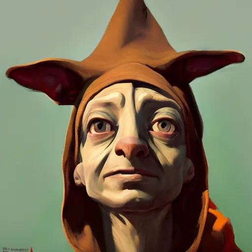 Prompt: greg manchess portrait of dobby the house elf wearing a jester hat, organic painting, sunny day, matte painting, bold shapes, hard edges, street art, trending on artstation, by huang guangjian, gil elvgren, ruan jia, randy vargas, greg rutkowski