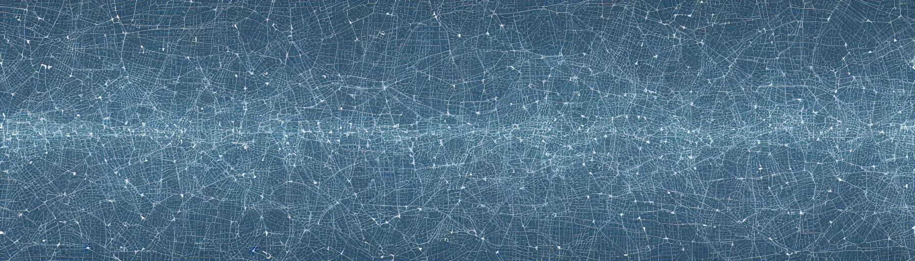 Image similar to a high-resolution data visualization in the shape of a city skyline, clusters and constellations of fragmented connections in the pattern of an audio waveform