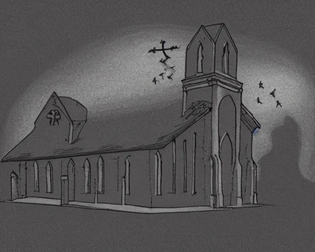 Prompt: An illustration showing an old church in the middle of nowhere, and ghost like stuff flying around it with a dark background behind it and smoke pouring out