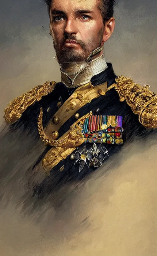 Prompt: portrait of a victorian general wearing ceremonial uniform, male, detailed face, victorian, highly detailed, cinematic lighting, digital art painting by greg rutkowski