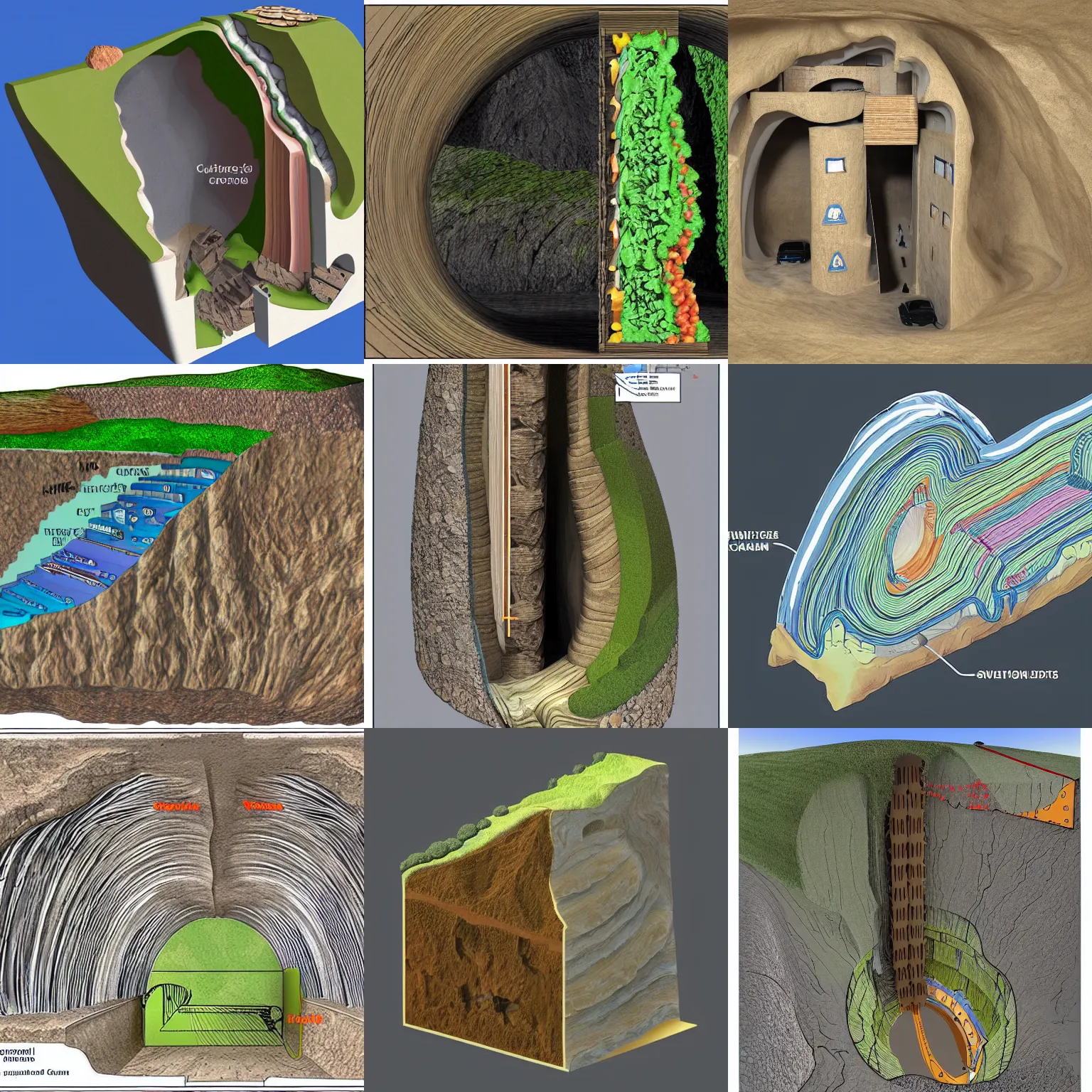 Prompt: cave system lateral cutaway