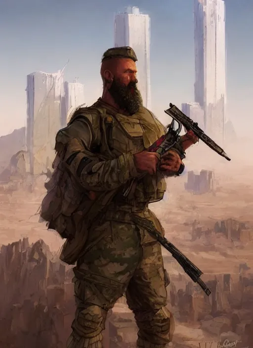 Prompt: purple lighting, detailed character portrait concept art, white male strong muscular mature soldier with beard and short hair in a soldier uniform, desert with city in the background, sharp focus, illustration, highly detailed, digital painting, concept art, matte, art by wlop and artgerm and greg rutkowski, masterpiece