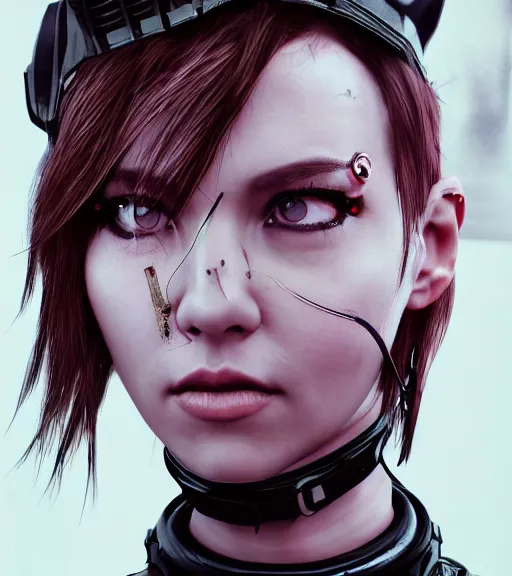 Image similar to detailed realistic female character cyberpunk wearing thick steel collar around neck, realistic, art, beautiful, 4K, collar, choker, collar around neck, punk, artstation, detailed, female, woman, choker, cyberpunk, neon, punk, collar, choker, collar around neck, thick collar, tight around neck, punk,