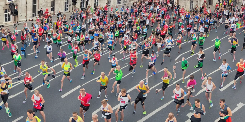 Image similar to photograph of long row of marathon runners, start line, advertising campaign, muted colours, studio backdrop, diverse people