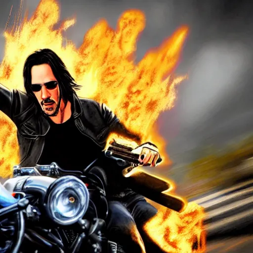 Image similar to Keanu reeves As Ghostrider digital art hyper realistic 4K quality