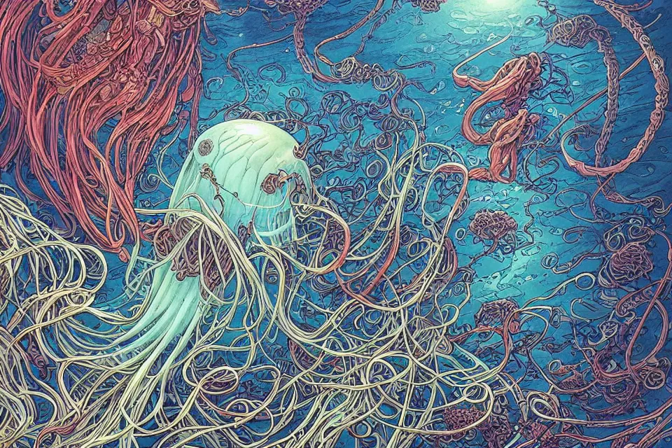 Prompt: a beautiful ultradetailed comic cover art of gigantic glowing complex multi-layered intricate jellyfish creatures with long flowing tendrils, by Laurie Greasley and Peter Mohrbacher and Quentine Mabilles and Dan Mumford, tarot card art, detailed shading, micro details, dramatic lighting, volumetric lighting, 8k