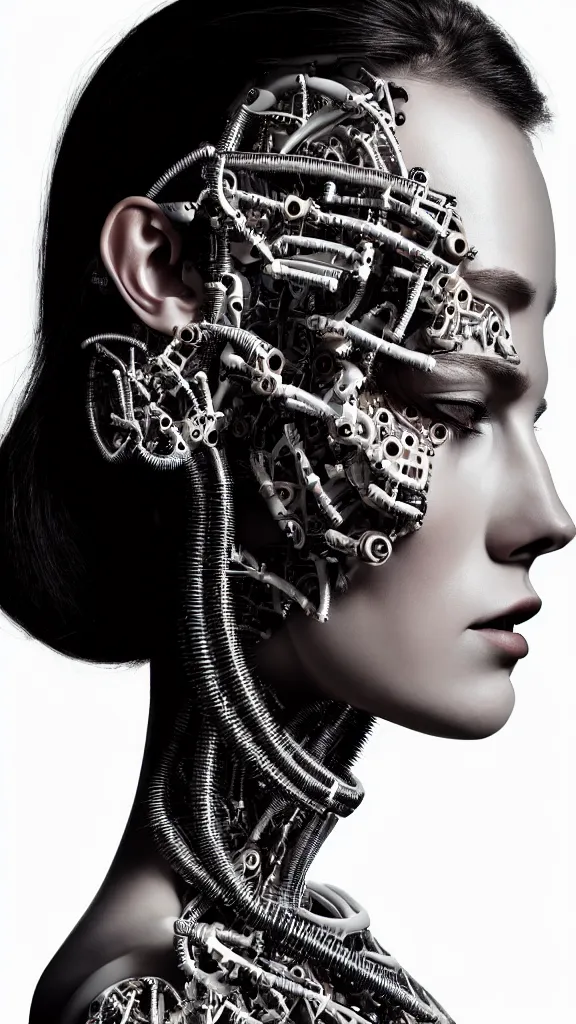 Prompt: a stunning young female cyborg profile face, face is made intricate tribal bio - mechanical, editorial photography, schlieren, depth of field, f / 2. 8, high contrast, 1 6 k, rays of shimmering light, volumetric lighting, shiny, insanely detailed and intricate, hypermaximalist, elegant, ornate, hyper realistic, super detailed