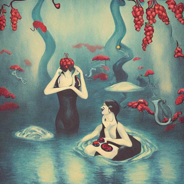 Image similar to tall female emo artist holding berry pancakes in her flooded apartment, pomegranates, octopus, water gushing from ceiling, painting of flood waters inside an artist's apartment, a river flooding indoors, mushrooms, ikebana, zen, rapids, waterfall, black swans, canoe, berries, acrylic on canvas, surrealist, by magritte and monet