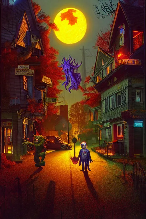 Prompt: a hyperrealistic vray rendering of a quiet autumn town being invaded by monsters in the night, cinematic horror by chris cunningham, lisa frank, richard corben, highly detailed, vivid color,