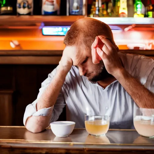 Prompt: A man sitting in a bar staring off into his drink while he ponders about life, 50mm Sigma lens