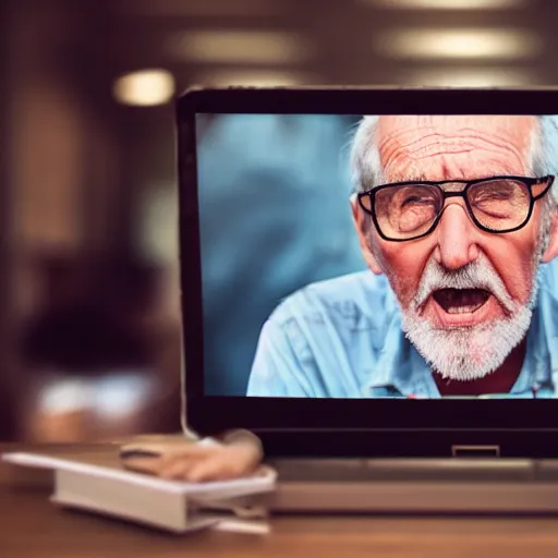 Image similar to old man trapped in a computer screen, screenshot