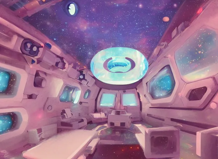 Image similar to faster than light travel, interior of this cute pastel fluffly spaceship, cluttered panels intricate electronics painterly impression of this glowing impasto trending on pixiv scene, interesting glowing fuzzy unclear where am i inside spaceship interior