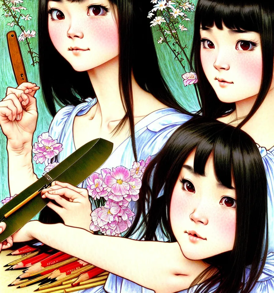 Prompt: closeup portrait of an innocent 18 year old lady from Vietname wearing a pretty little dress with straight silky black hair, in a butcher shop, holding a butcher knife. insanely and epically detailed high-quality artwork with soft colors, exquisitely detailed soft shadowing, amazingly composed image, epic pencil illustration, by Range Murata and by Alphonse Mucha and by Katsuhiro Otomo.