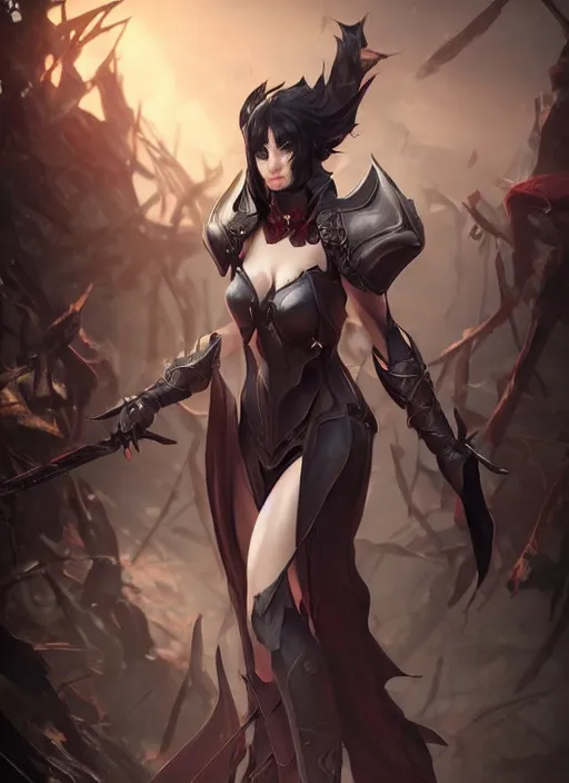 Image similar to full plate armor!!! beautiful and elegant dark hair female vampire!! gorgeous ayes!! character concept art, sharp focus, octane render! unreal engine 5! highly rendered!! trending on artstation!! detailed linework!! illustration by artgerm, wlop, and chie yoshii