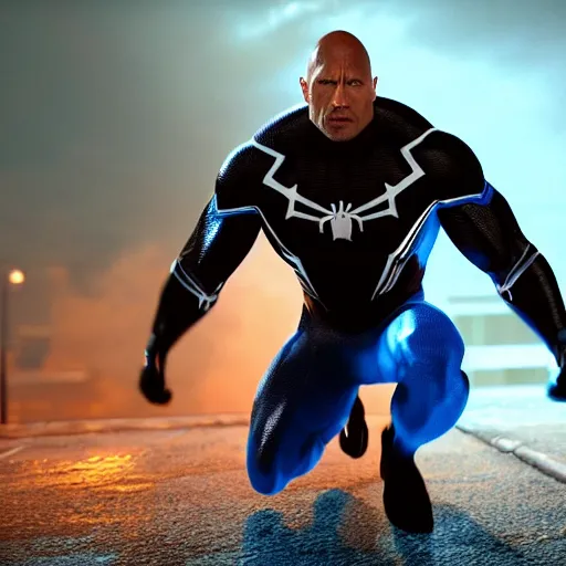 Image similar to dwayne johnson as a black and blue suit spider - man, cinematic, volumetric lighting, f 8 aperture, cinematic eastman 5 3 8 4 film, photorealistic