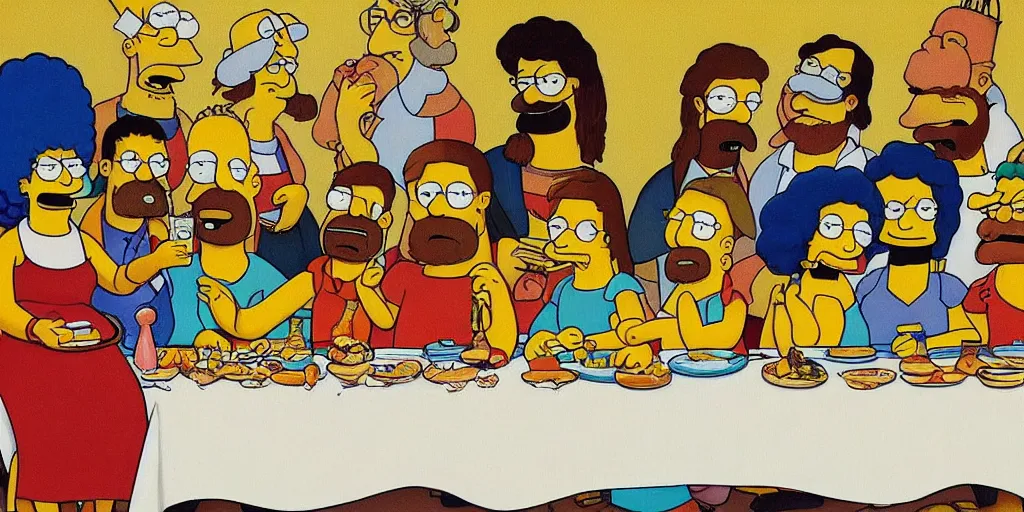 Prompt: last supper styled as simpsons, art, trending in artsation, winning award painting, oleo style,