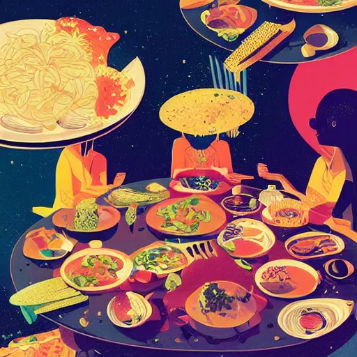 Image similar to illustration of the best meal, by Victo Ngai and James Gilleard and Bruce Pennington