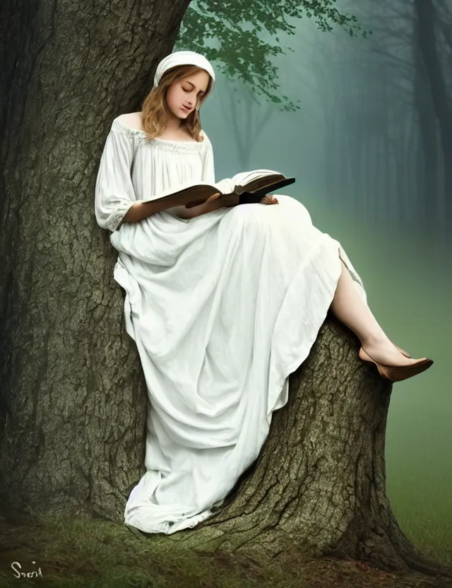 Image similar to beautiful peasant Girl in long white dress reading a book sitting on a tree in a foggy forest, Cinematic focus, Polaroid photo, vintage, neutral colors, soft lights, by Steve Hanks, by Serov Valentin, by lisa yuskavage, by Andrei Tarkovsky 8k render, detailed, oil on canvas