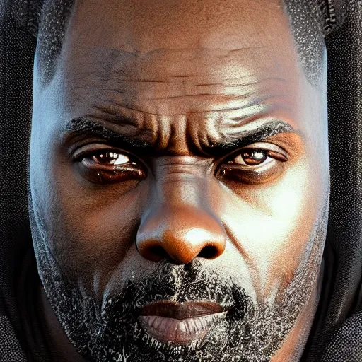 Image similar to idris elba portrait, dystopia core, apocalyptic, armor, warrior, dramatic, sharp focus, fiction, neon, fantasy, hyper detailed, digital art, trending in artstation, cinematic lighting, studio quality, smooth render, unreal engine 5 rendered, octane rendered, art style and nixeu and wlop and krenz cushart