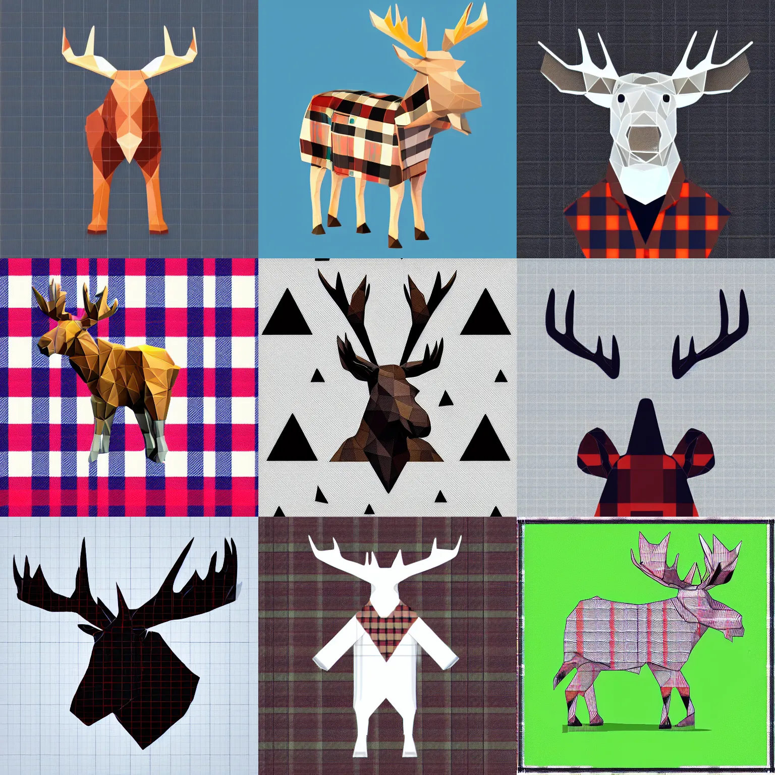 Prompt: low poly isometric moose, the moose it wearing a plaid jacket, white background, sharp focus