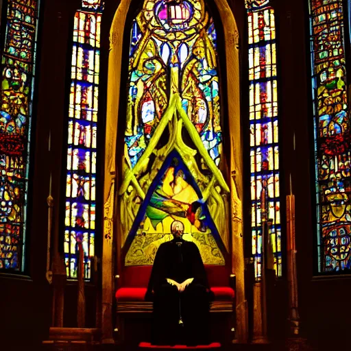 Prompt: an ultra detailed stained glass window of the evil patriarch with pitch black eyes wearing his royal robes and sitting imperiously on his throne high in the cathedral, concept art, incense smoke drifting through the air, portrait, artstation, volumetric lighting, exquisite detail, octane render, 8 k postprocessing, art by john collier and albert aublet